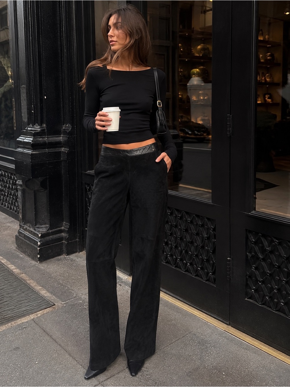 Danier Black Suede Straight-Leg Leather-Trim Pants With Pockets In Front